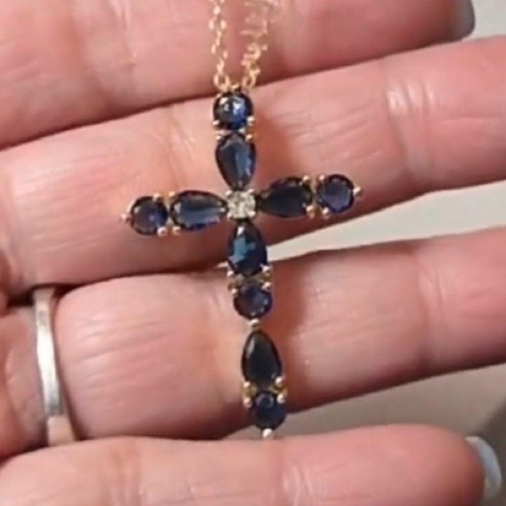 New Gold over Stainless Steel Sapphire & Clear CZ Cross Necklace